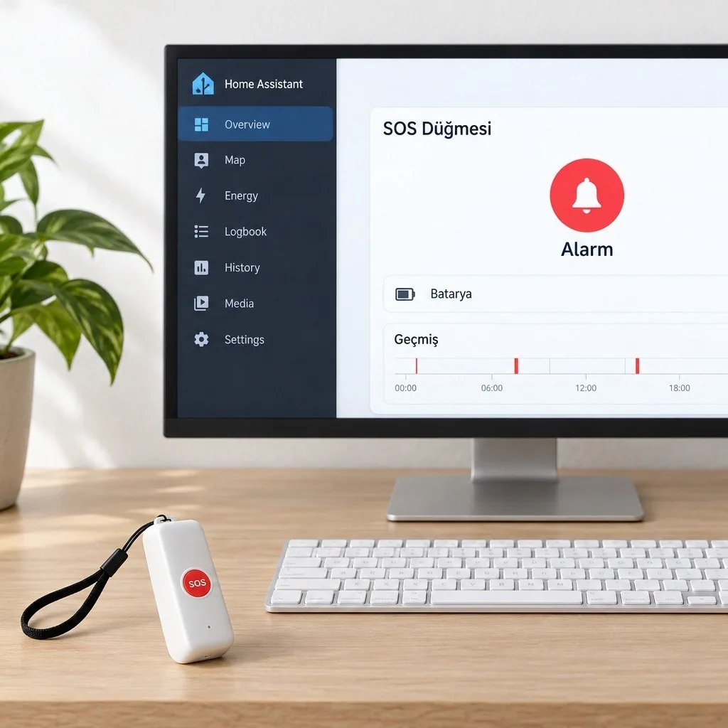 Home Assistant panelinde SOS düğmesi kartı, alarm durumu ve pil bilgisi, masada beyaz SOS düğmesi