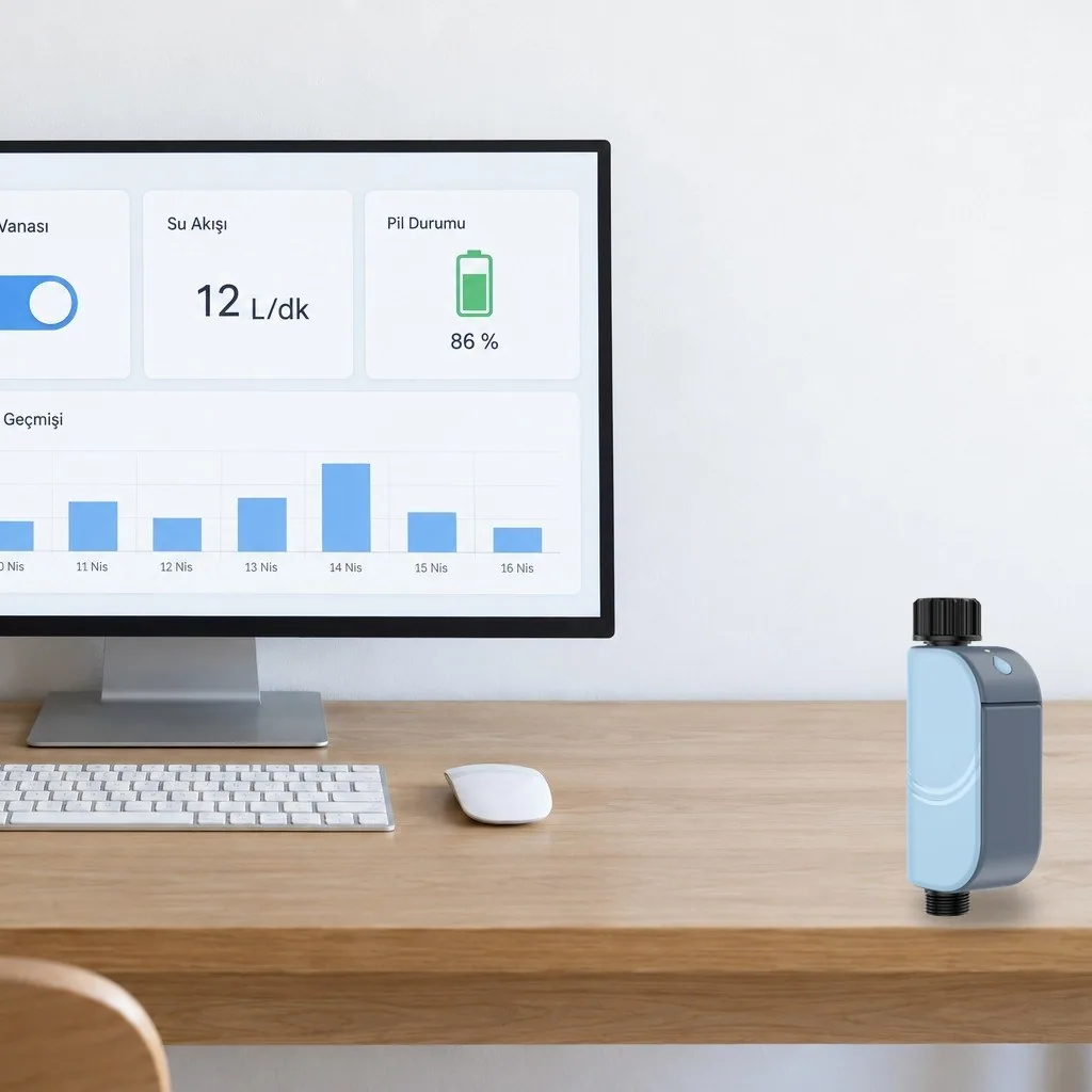 Home Assistant panelinde bahçe vanası anahtarı, su akışı ve pil kartları, masada sulama vanası