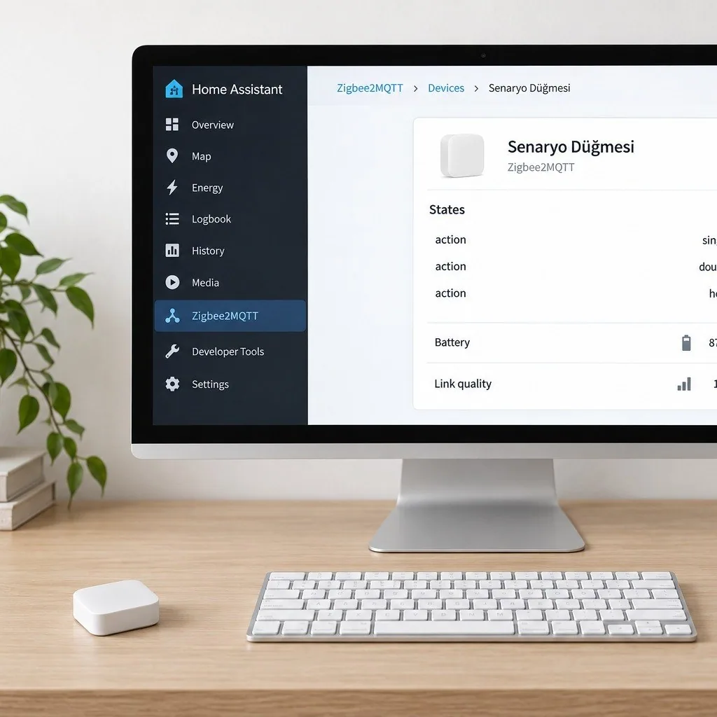 Home Assistant içinde Zigbee2MQTT cihaz sayfası: senaryo düğmesi, tek, çift ve uzun basış eylemleri, pil ve sinyal kalitesi, masada düğme