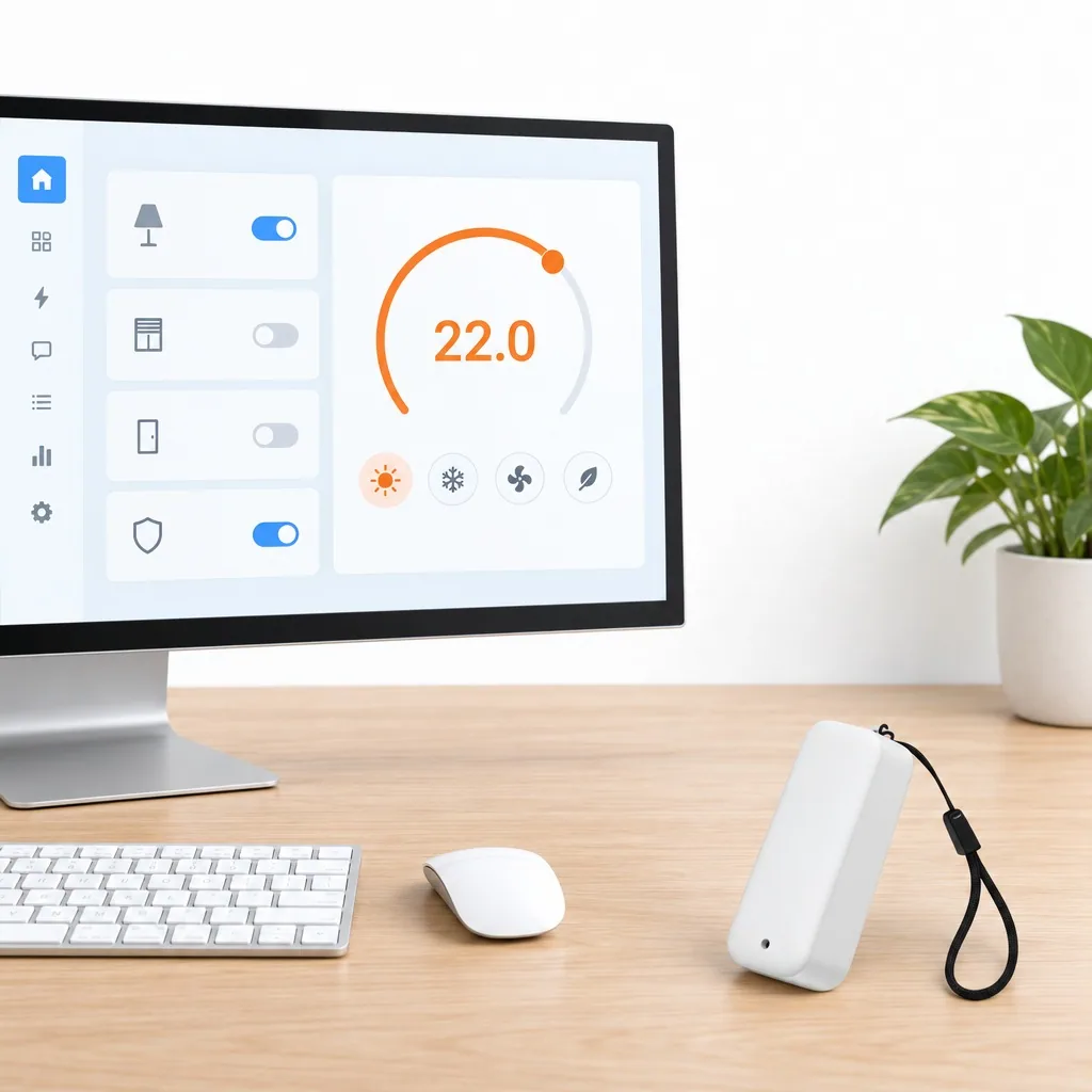 Home Assistant panelinde klima kartı ve mod simgeleri, masada ipli beyaz Zigbee pilli IR kumanda