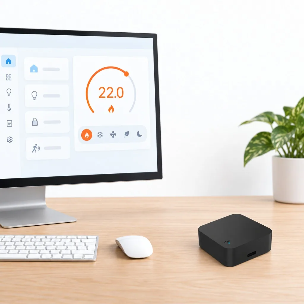 Home Assistant panelinde klima kartı ve mod simgeleri, masada siyah kare Zigbee IR kumanda cihazı