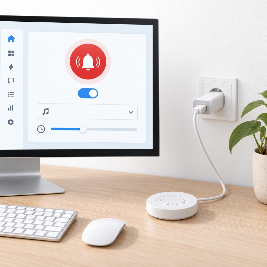Home Assistant panelinde siren kartı, açma kapama, melodi ve süre, masada düz duran beyaz yuvarlak Zigbee siren, kablosu duvardaki USB adaptörüne takılı