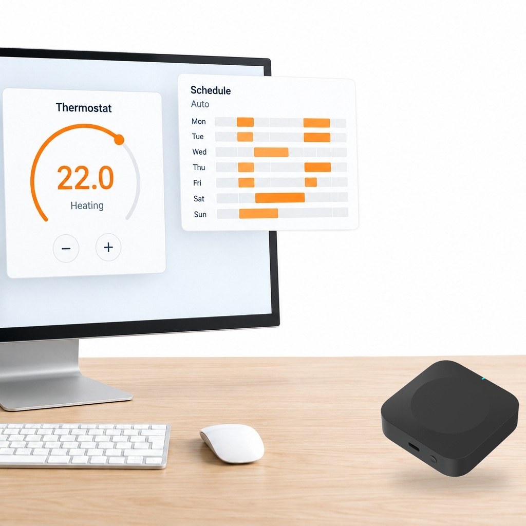 Home Assistant panelinde cihaz kartları, masada Zigbee köprüsü