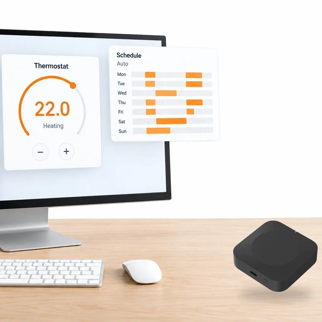 Home Assistant panelinde cihaz kartları, masada Zigbee köprüsü