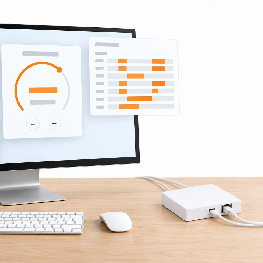Home Assistant panelinde cihaz kartları, masada Ethernet kablosu takılı beyaz Zigbee LAN köprüsü