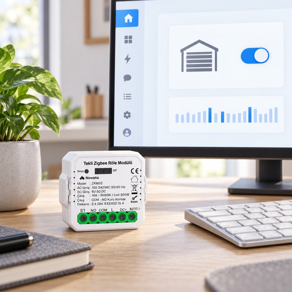 Home Assistant panelinde garaj kapısı anahtar kartı ve geçmiş şeridi, masada ZKM02 Zigbee röle modülü