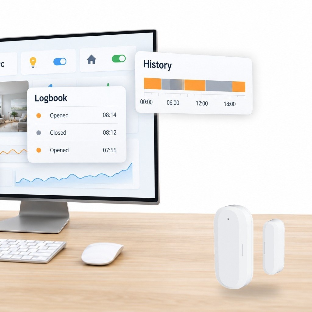 Home Assistant panelinde kapı durumu, açılma kayıtları ve zaman çizelgesi, masada ince gövdeli sensör