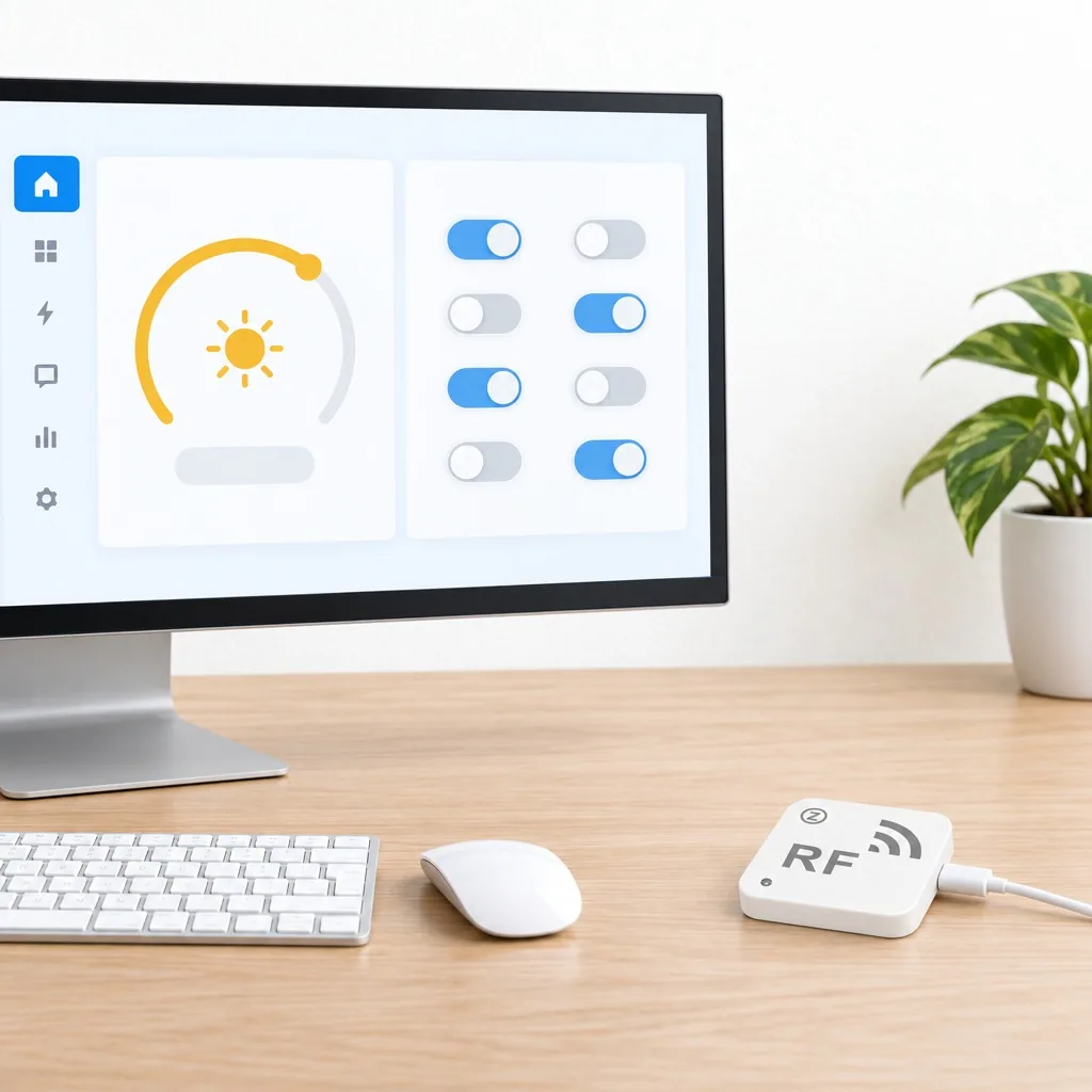 Home Assistant panelinde sekiz düğmeli kart ve ışık göstergesi, masada beyaz kare Zigbee RF kopyalayıcı