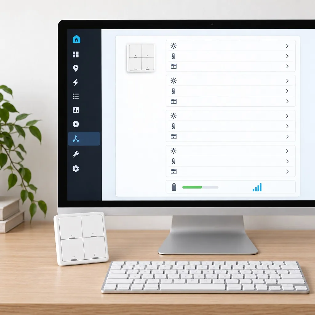 Home Assistant içinde Zigbee2MQTT cihaz sayfası: dörtlü senaryo düğmesinin on iki basış eylemi, pil ve sinyal kalitesi, masada plaka