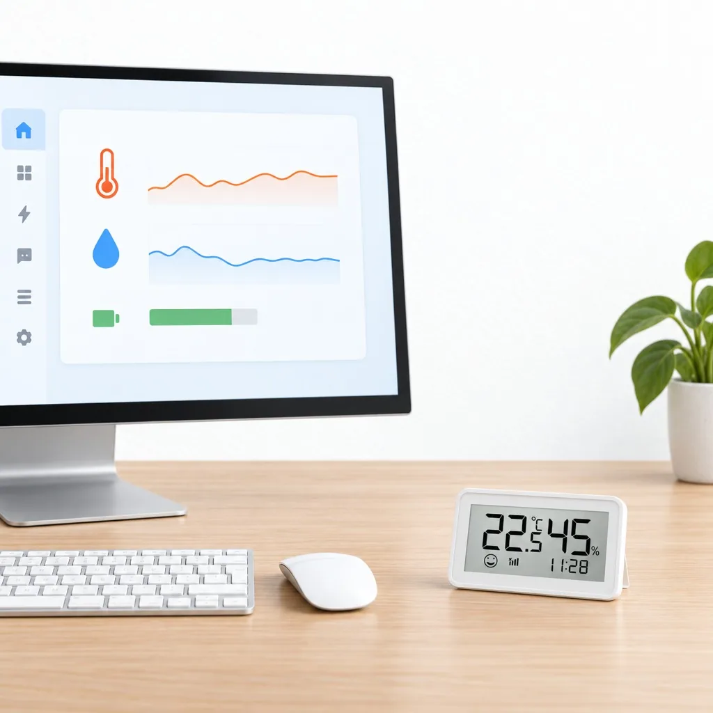 Home Assistant panelinde sıcaklık, nem ve pil kartı, masada LCD ekranlı sıcaklık ve nem sensörü