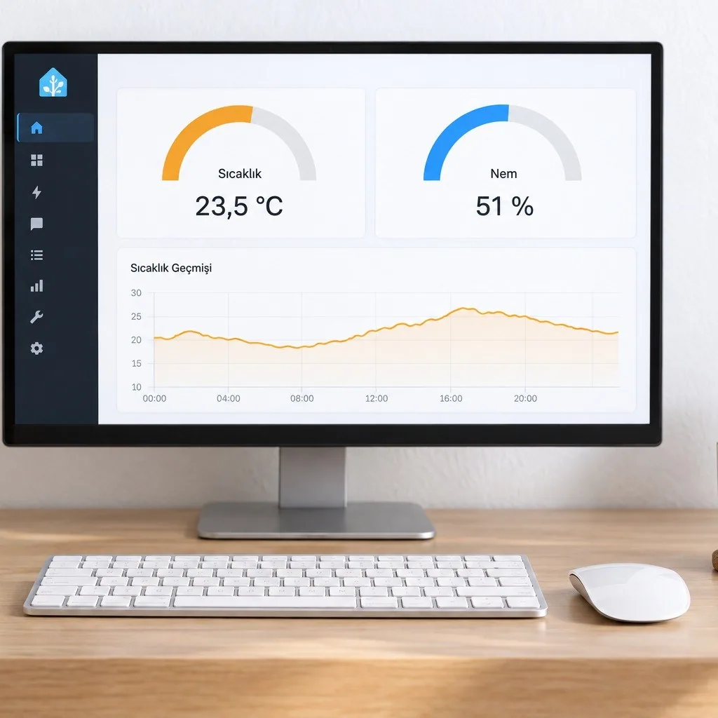 Home Assistant panelinde sıcaklık ve nem göstergeleri ile geçmiş grafiği, masada beyaz sensör