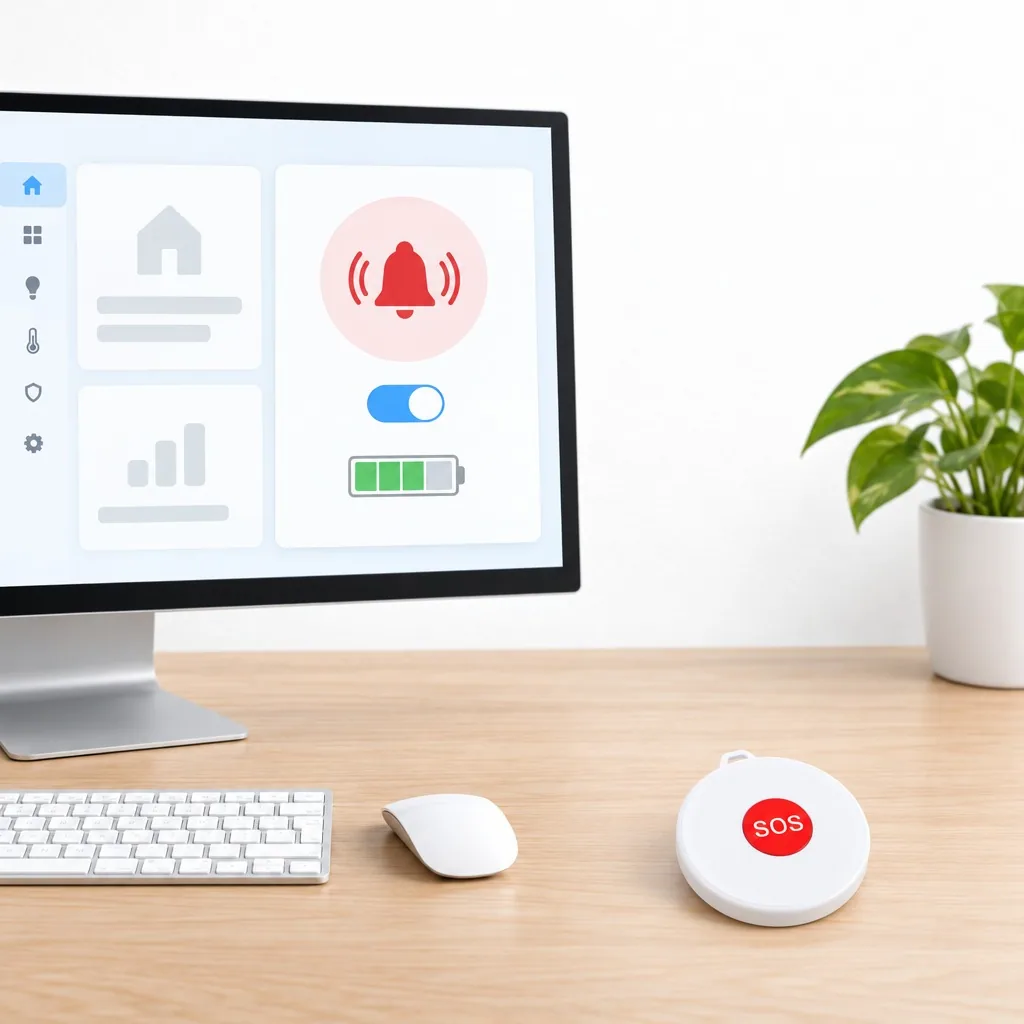Home Assistant panelinde SOS düğmesi kartı, alarm durumu ve pil bilgisi, masada kırmızı tuşlu beyaz yuvarlak SOS düğmesi