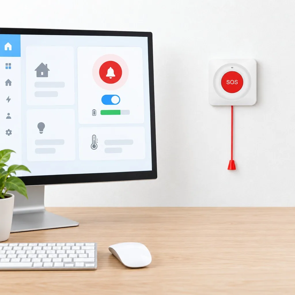 Home Assistant panelinde SOS düğmesi kartı, alarm durumu ve pil bilgisi, masada kırmızı ipli beyaz SOS düğmesi