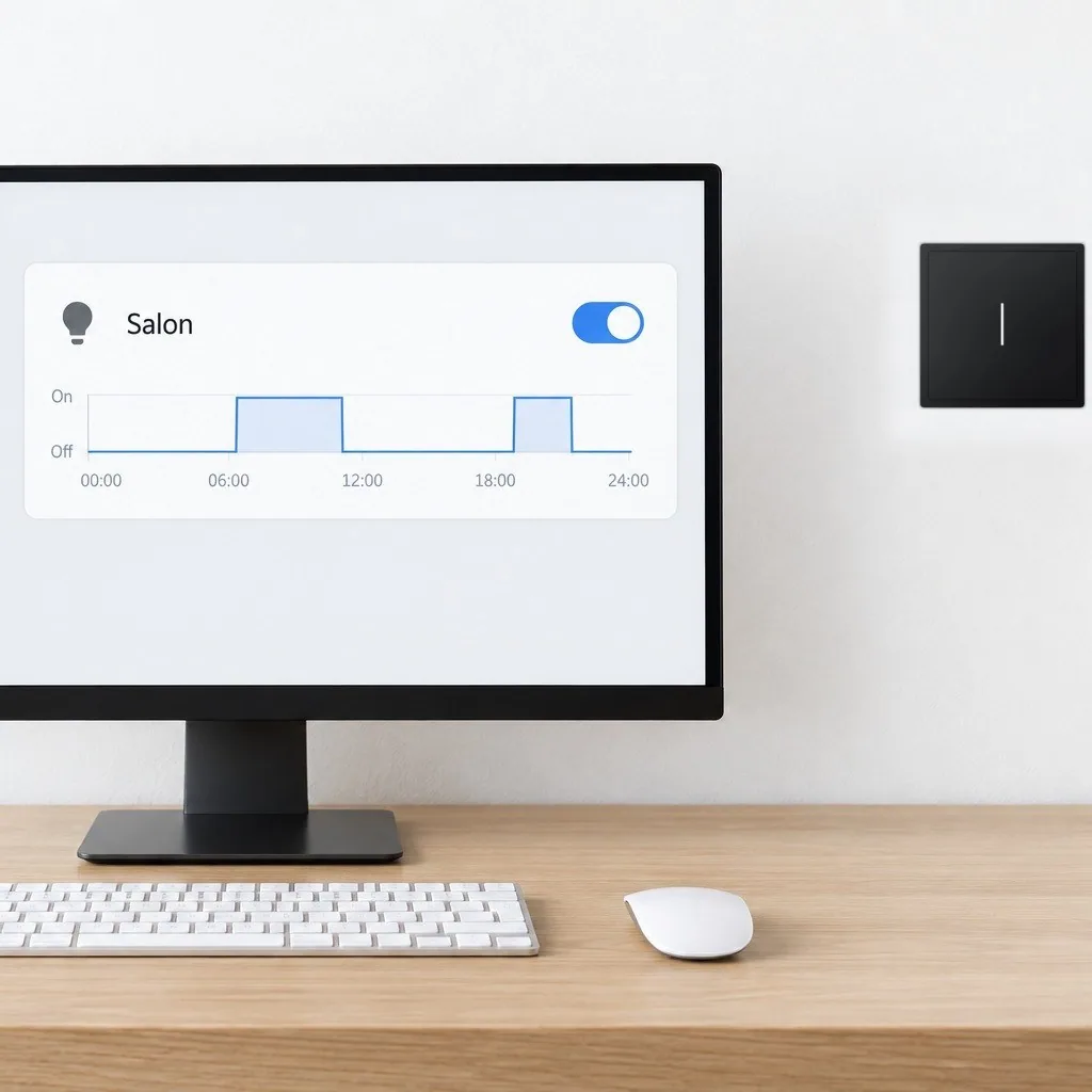 Home Assistant panelinde anahtar satırları, yanındaki duvarda anahtar