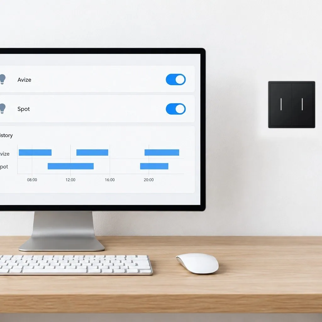 Home Assistant panelinde anahtar satırları, yanındaki duvarda anahtar