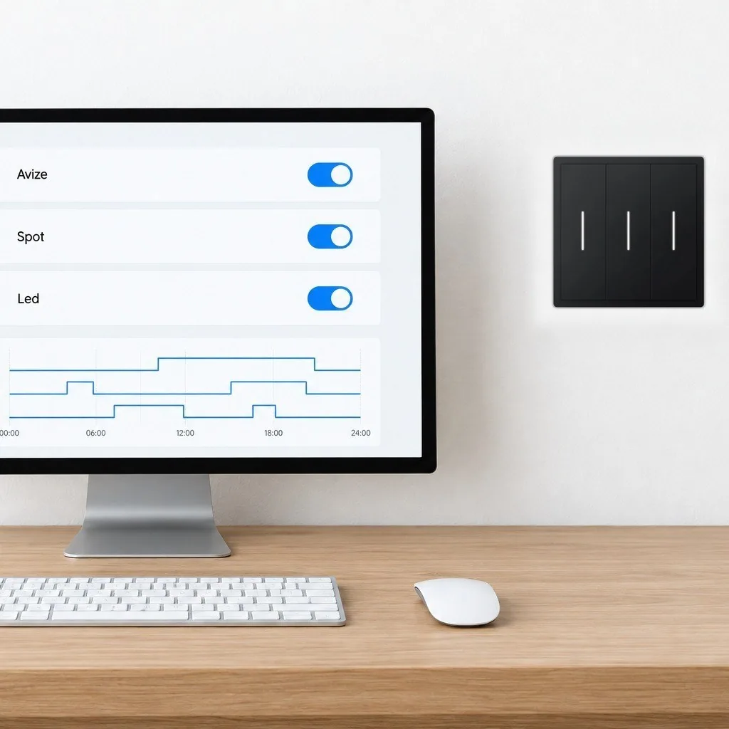 Home Assistant panelinde Avize, Spot ve Led anahtar satırları, yanındaki duvarda üçlü anahtar