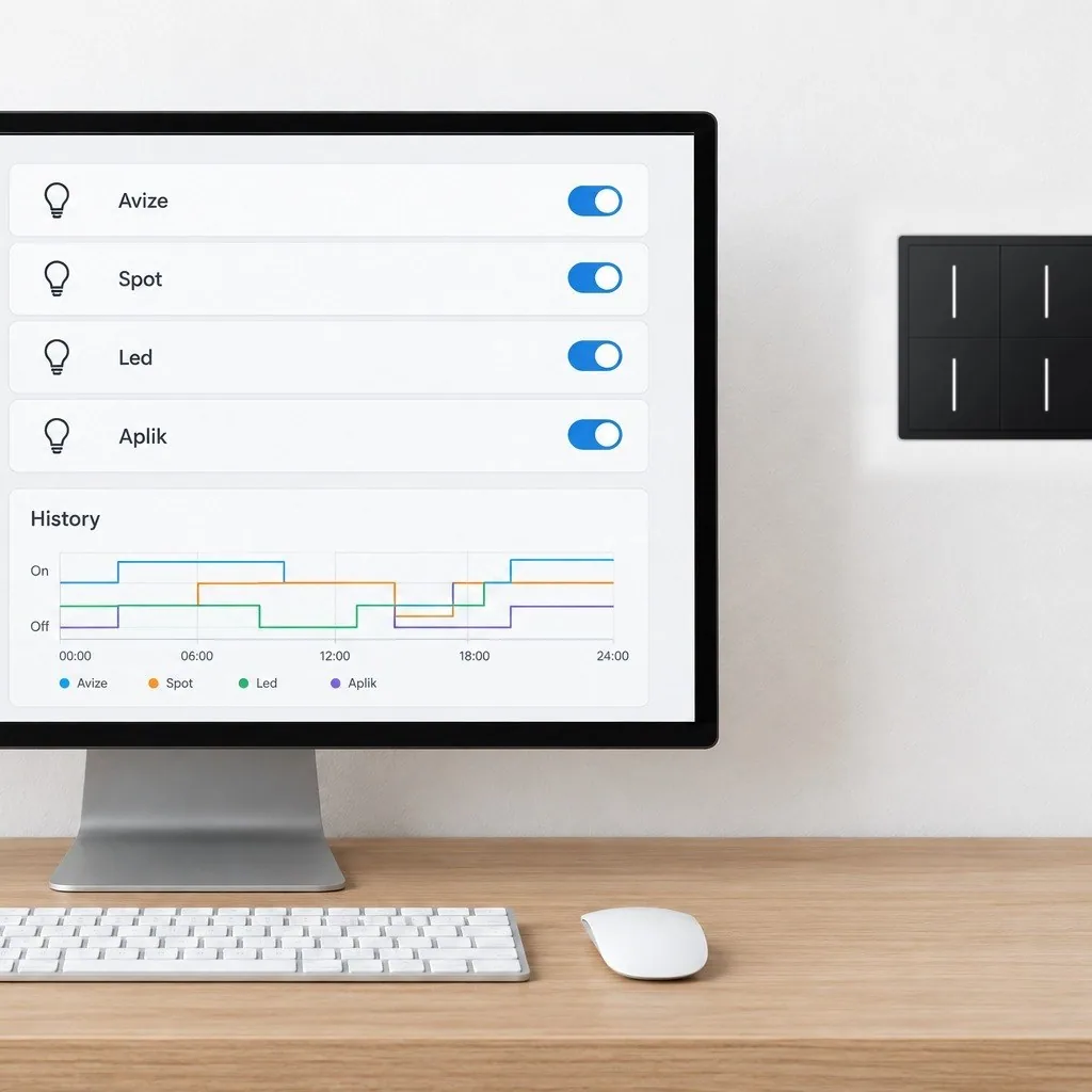 Home Assistant panelinde anahtar satırları, yanındaki duvarda anahtar