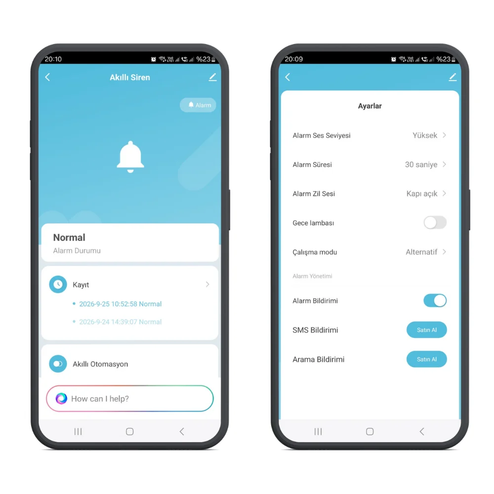 Smart Life uygulamasında Akıllı Siren ekranları: solda alarm durumu Normal, geçmiş kayıtlar ve akıllı otomasyon, sağda alarm ses seviyesi, alarm süresi, alarm zil sesi, gece lambası, çalışma modu ve bildirim ayarları