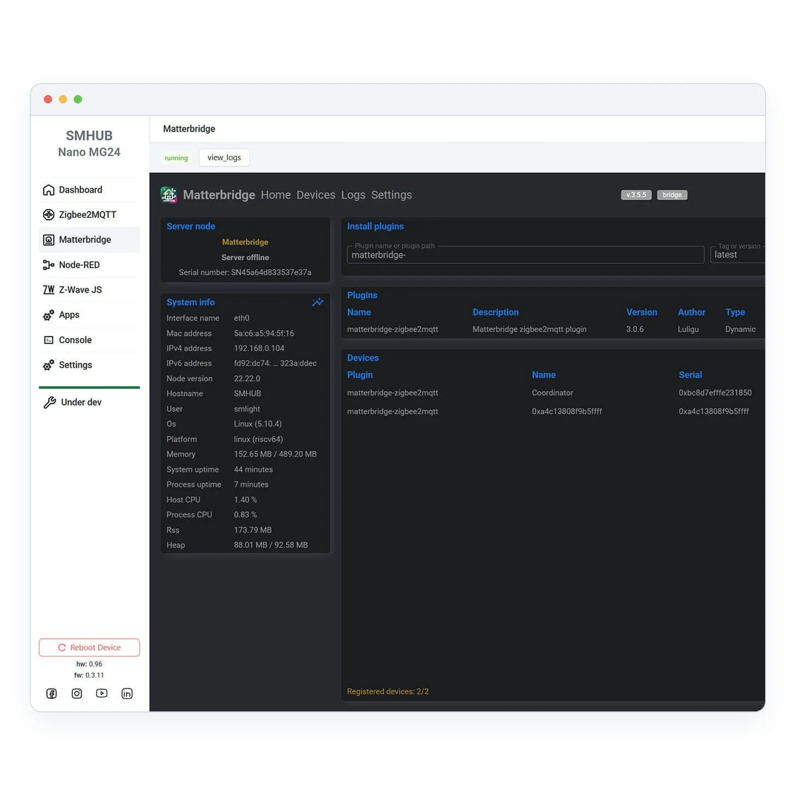 SMHUB arayüzünde çalışan Matterbridge: zigbee2mqtt eklentisi, köprülenen Zigbee cihazları ve çevrim içi durumları, solda IP adresi, Linux sürümü, bellek ve işlemci bilgileri