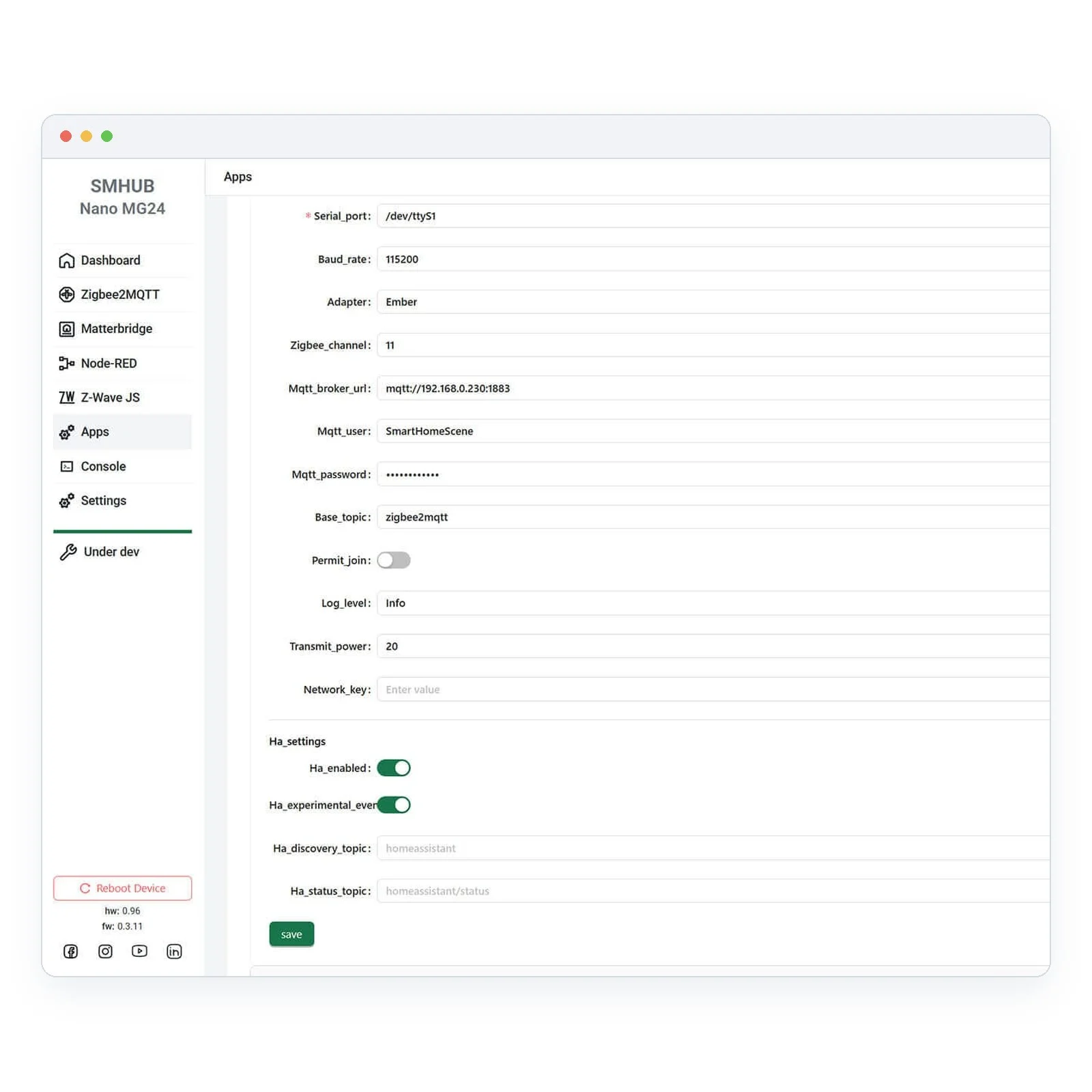 SMHUB arayüzünde Zigbee2MQTT ayar formu: seri port, adaptör, Zigbee kanalı, MQTT sunucu adresi, kullanıcı adı ve şifre, base topic, permit join ve Home Assistant keşif ayarları