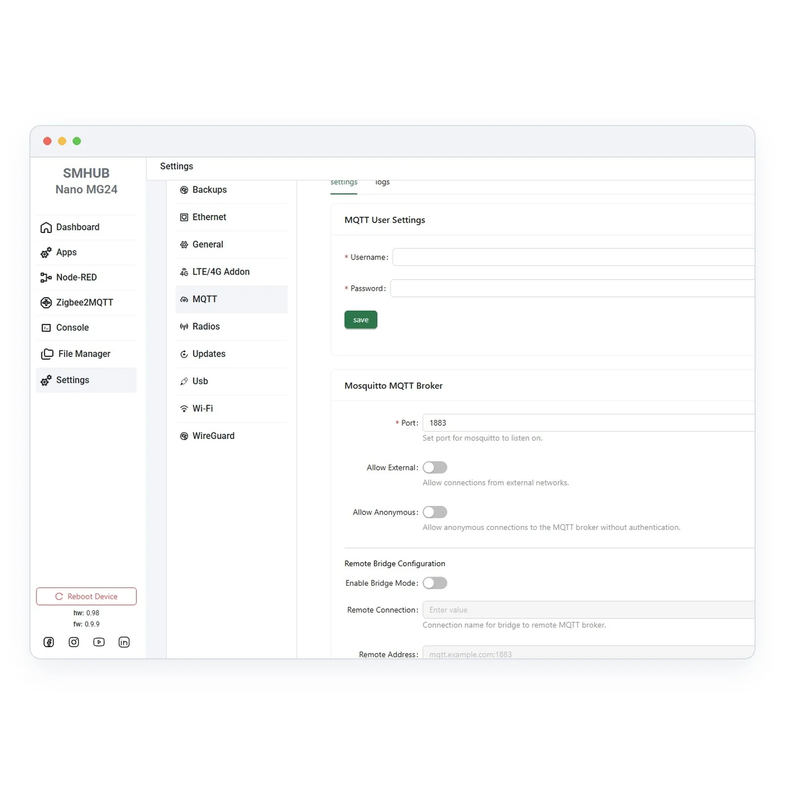 SMHUB ayarlarında MQTT ekranı: MQTT kullanıcı adı ve şifre, Mosquitto MQTT sunucusu portu, dış ağ ve anonim bağlantı anahtarları, uzak MQTT sunucusuna köprü ayarları; solda yedekleme, Ethernet, Wi-Fi, WireGuard ve güncelleme menüleri