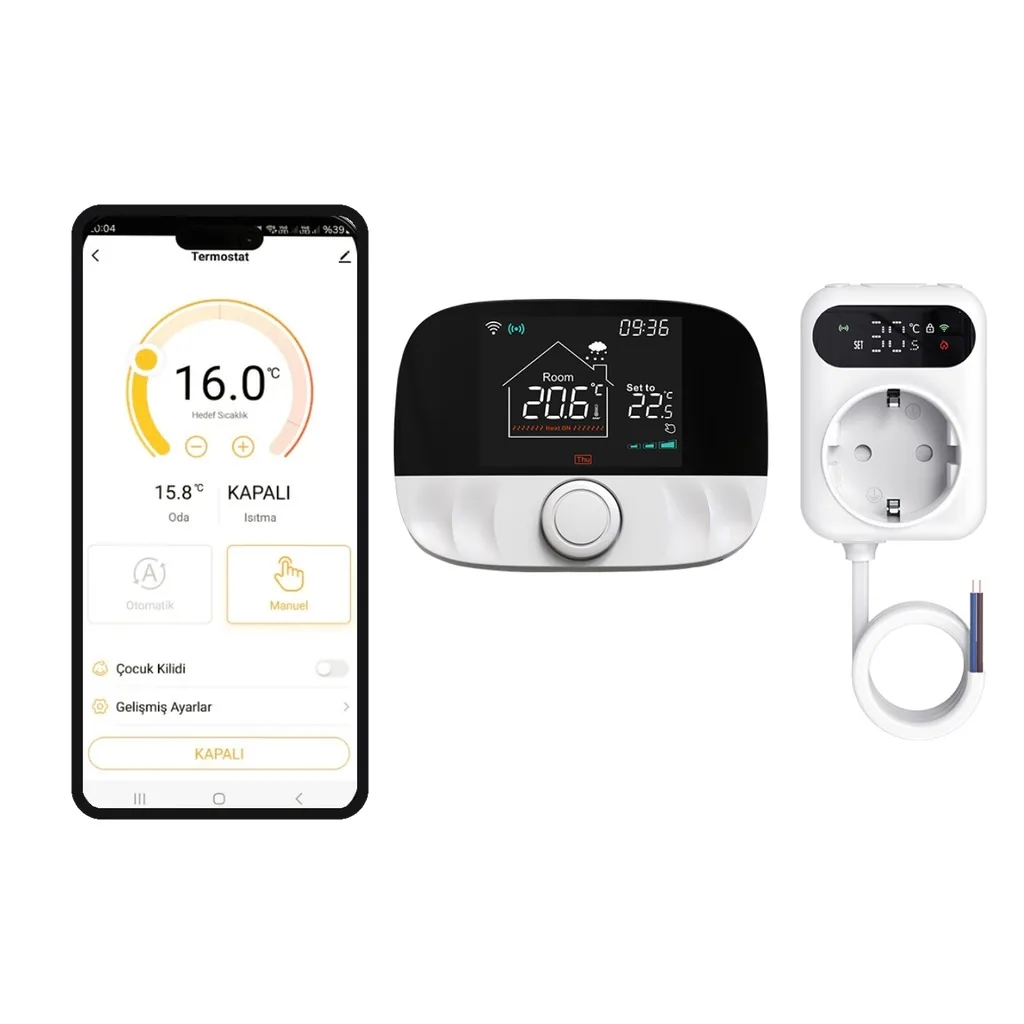 Telefonda termostat kontrol ekranı, renkli ekranlı oda termostatı ve kontrol kablolu priz tipi alıcı