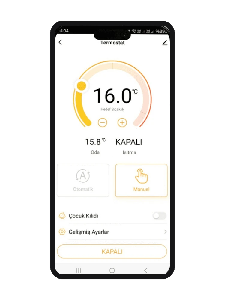 Smart Life uygulamasında termostatın hedef sıcaklık kadranı, oda sıcaklığı ve mod seçimi