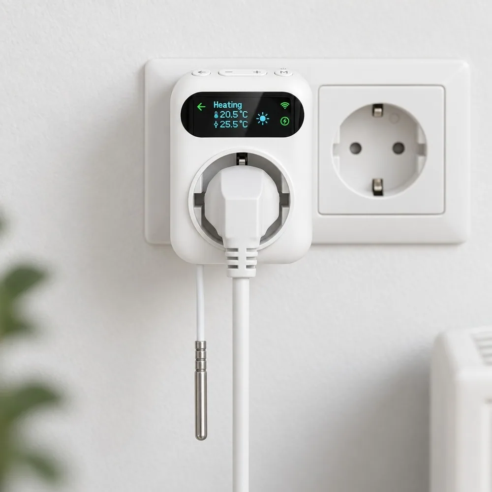 Duvar prizine takılı WiFi priz tipi termostat, önünde ısıtıcı fişi, altında beyaz kablolu gümüş sensör