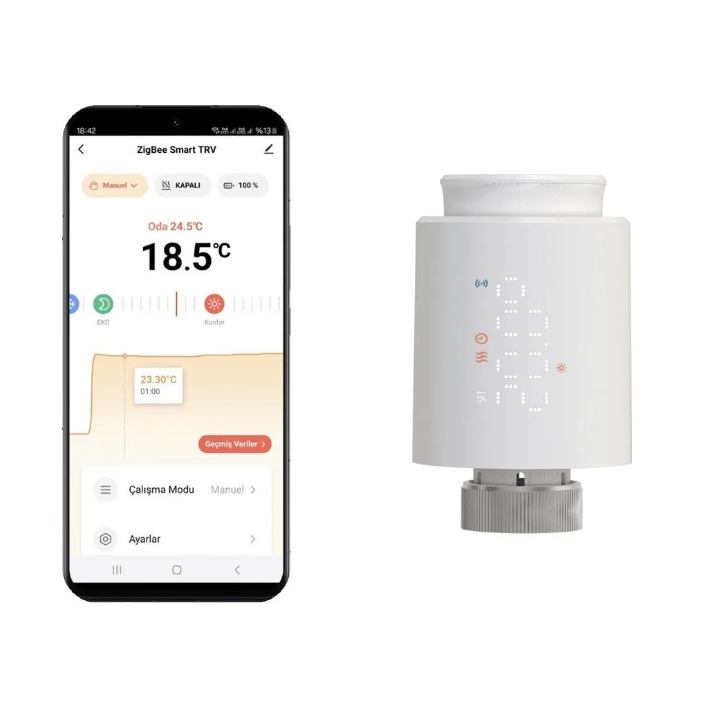 Solda telefonda vananın uygulama ekranı, sağda beyaz Zigbee termostatik radyatör vanası
