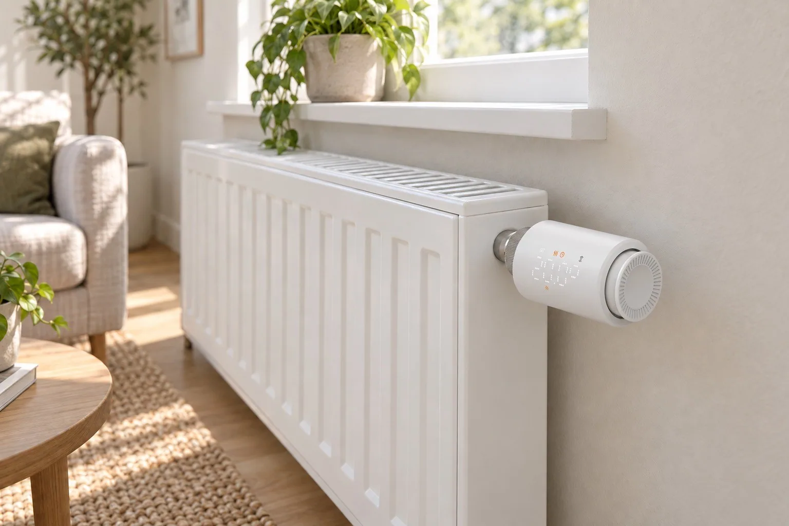 Salondaki panel radyatörün üst köşesindeki vanaya takılı Zigbee termostatik radyatör vanası TRV-02