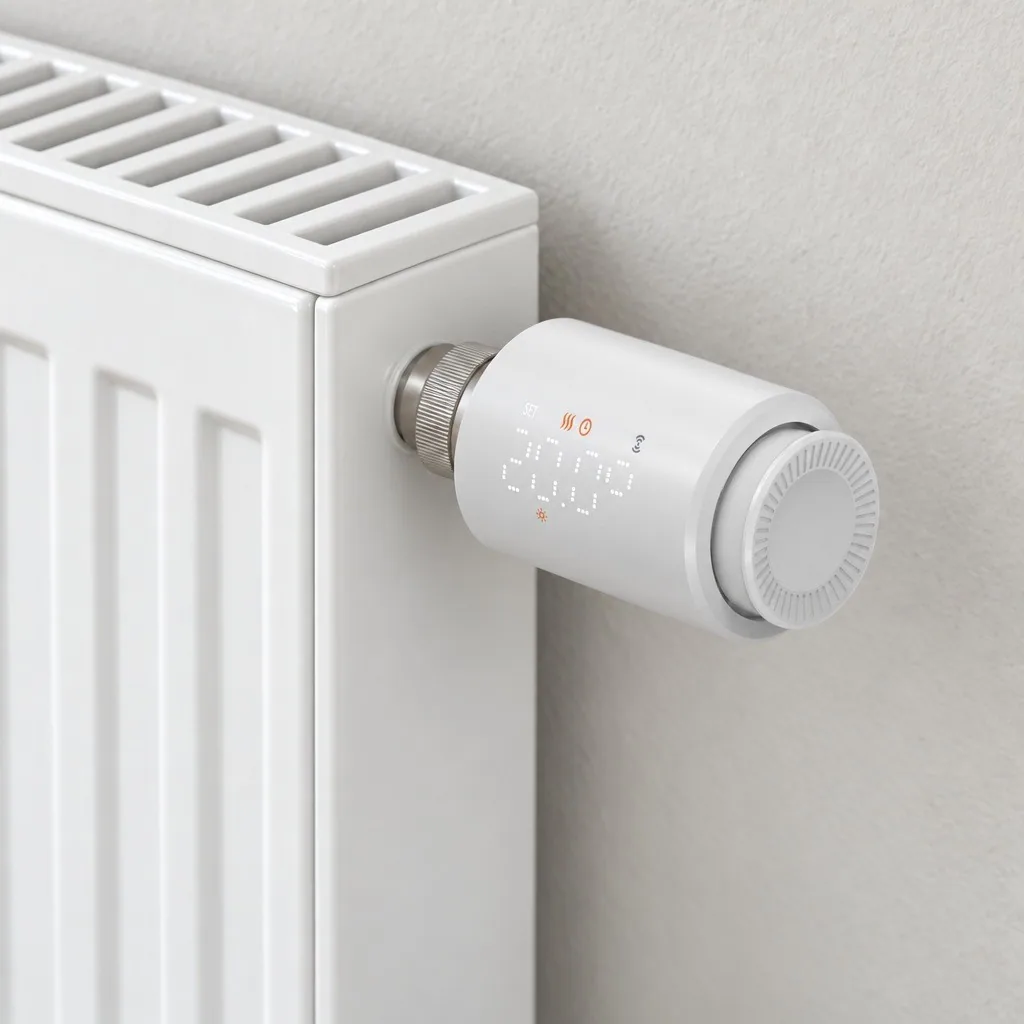 Panel radyatörün üst köşesindeki vanaya takılmış Zigbee termostatik radyatör vanası TRV-02, yakın plan
