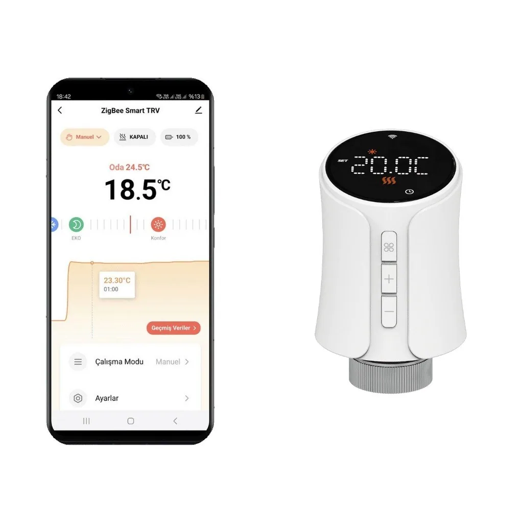 Solda telefonda vananın uygulama ekranı, sağda beyaz Zigbee termostatik radyatör vanası