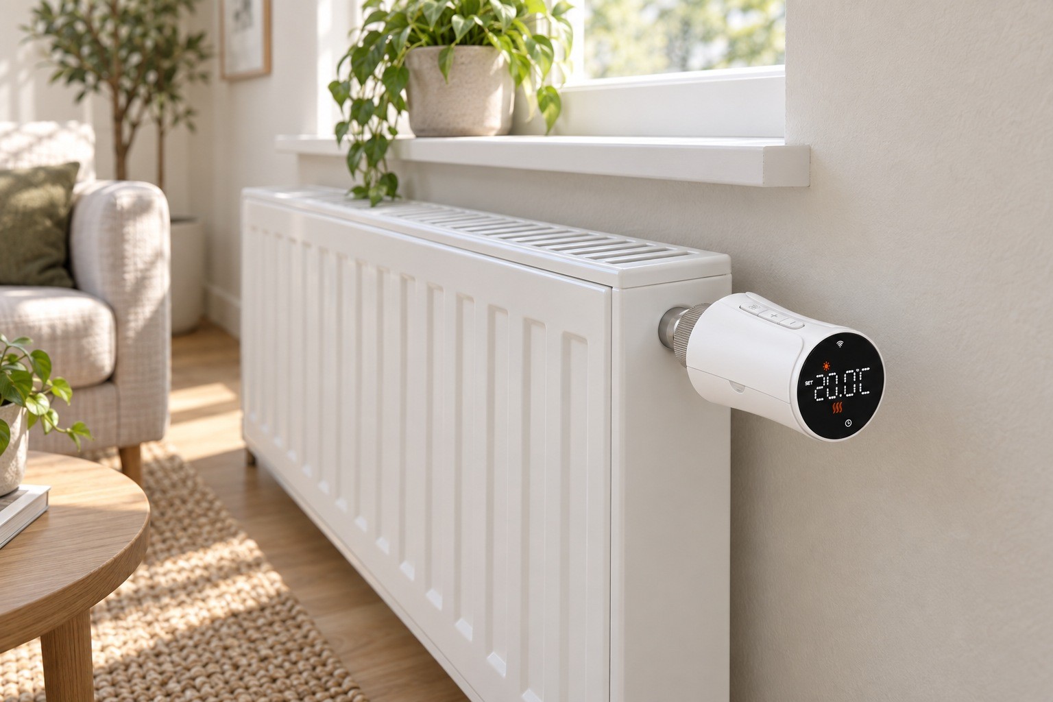 Salondaki panel radyatörün üst köşesine takılı yuvarlak ekranlı Zigbee radyatör vanası TRV-03