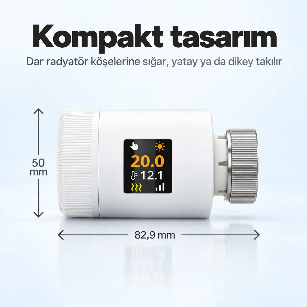 WiFi termostatik vana ölçüleri: 50 mm çap, 82,9 mm uzunluk