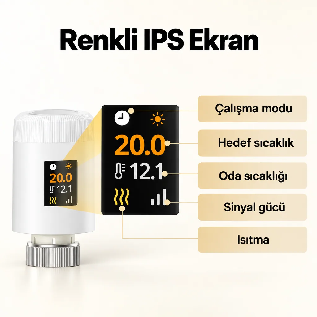 WiFi termostatik vana renkli IPS ekranı: çalışma modu, hedef ve oda sıcaklığı, sinyal, ısıtma