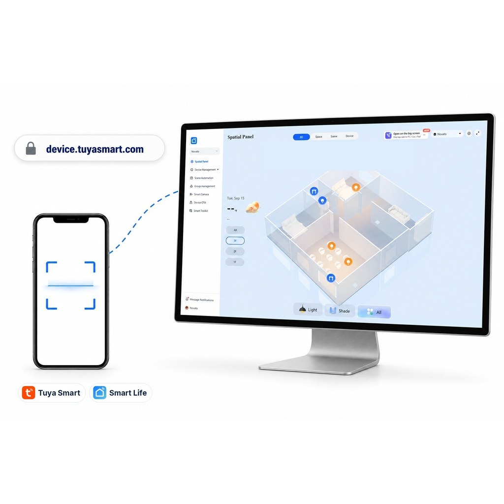 Tuya Smart Life web panelinde evin görünümü, telefondan QR ile oturum açma ve device.tuyasmart.com adresi
