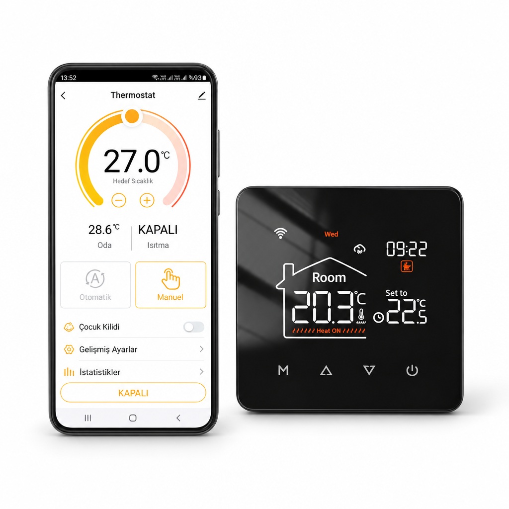 Kablolu WiFi oda termostatı ve telefonda Smart Life termostat ekranı