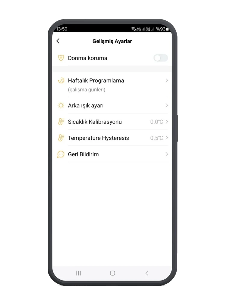 Smart Life uygulamasında donma koruma, haftalık programlama, kalibrasyon ve histerezis ayarları