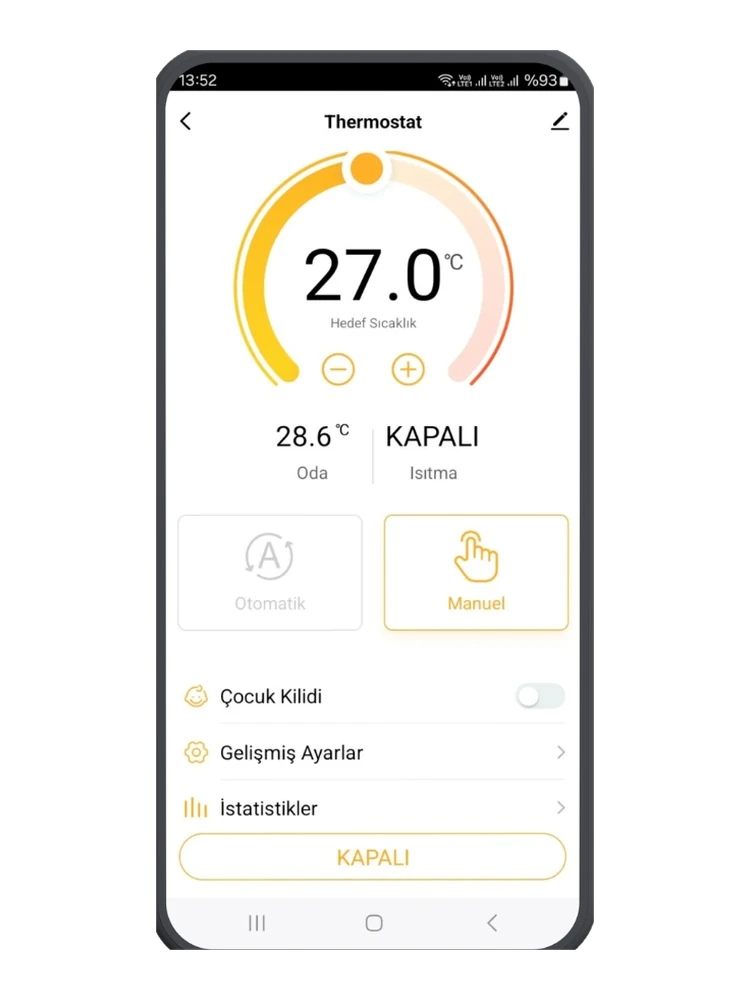 Smart Life uygulamasında termostat ekranı: kadranda hedef 27 derece, oda 28,6 derece, ısıtma kapalı, Otomatik ve Manuel modları, çocuk kilidi ve gelişmiş ayarlar