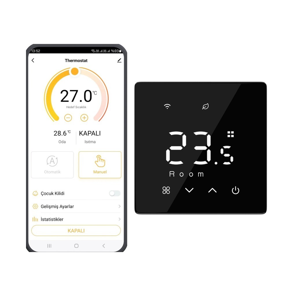 Solda telefonda Smart Life termostat ekranı, sağda siyah cam panelli pilli oda termostatı