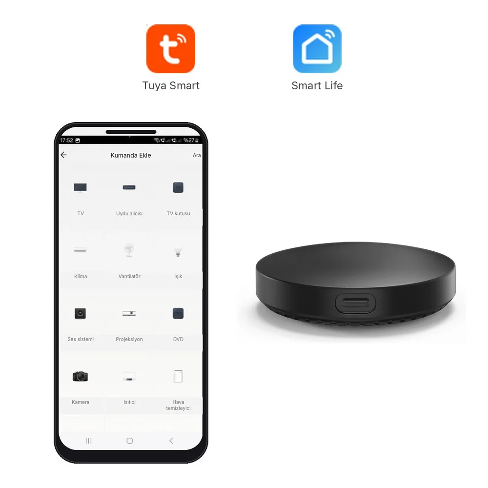 Solda telefonda kumanda ekle ekranı, sağda siyah yuvarlak IR ve RF kumanda cihazı, üstte Tuya Smart ve Smart Life logoları