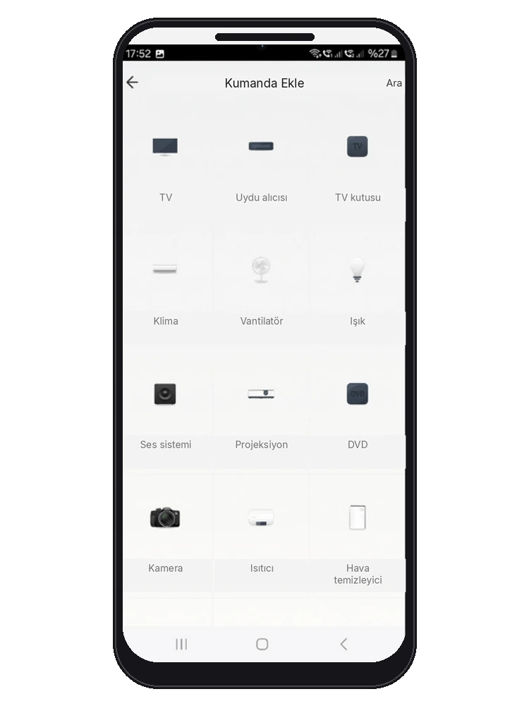 Smart Life uygulamasında kumanda ekle ekranı, kızılötesi cihaz türleri: TV, uydu alıcısı, TV kutusu, klima, vantilatör, ışık, ses sistemi, projeksiyon, DVD, kamera, ısıtıcı, hava temizleyici