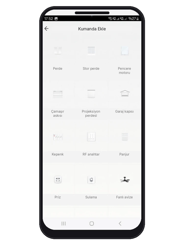 Smart Life uygulamasında kumanda ekle ekranı, RF cihaz türleri: perde, stor perde, pencere motoru, çamaşır askısı, projeksiyon perdesi, garaj kapısı, kepenk, RF anahtar, panjur, priz, sulama, fanlı avize
