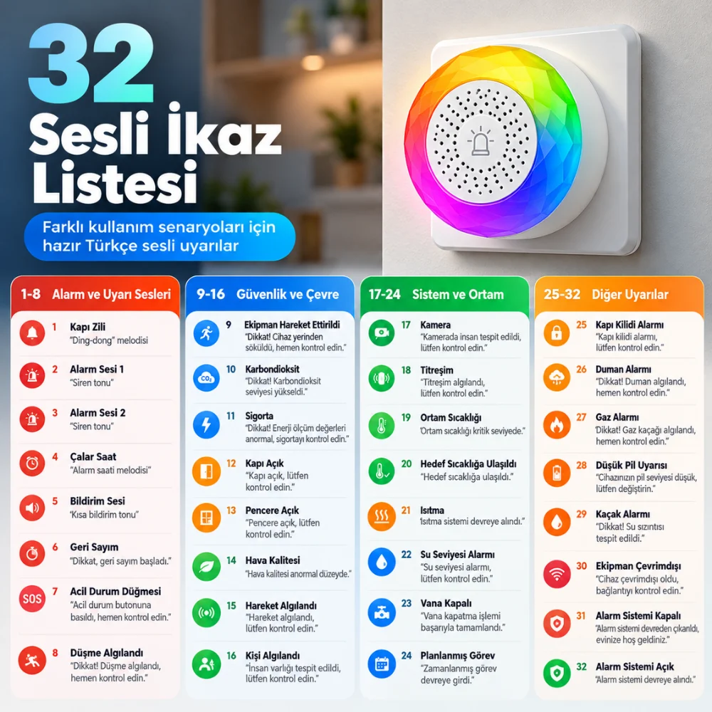 WAS-01P sirenin 32 Türkçe sesli ikaz listesi, dört grupta alarm, güvenlik, sistem ve diğer uyarılar