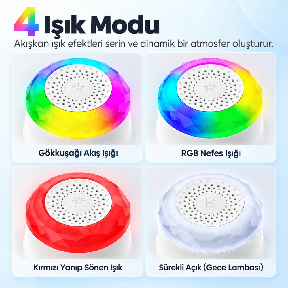 WAS-01P sirenin dört ışık modu: gökkuşağı akış, RGB nefes, kırmızı yanıp sönen ve sürekli açık gece lambası