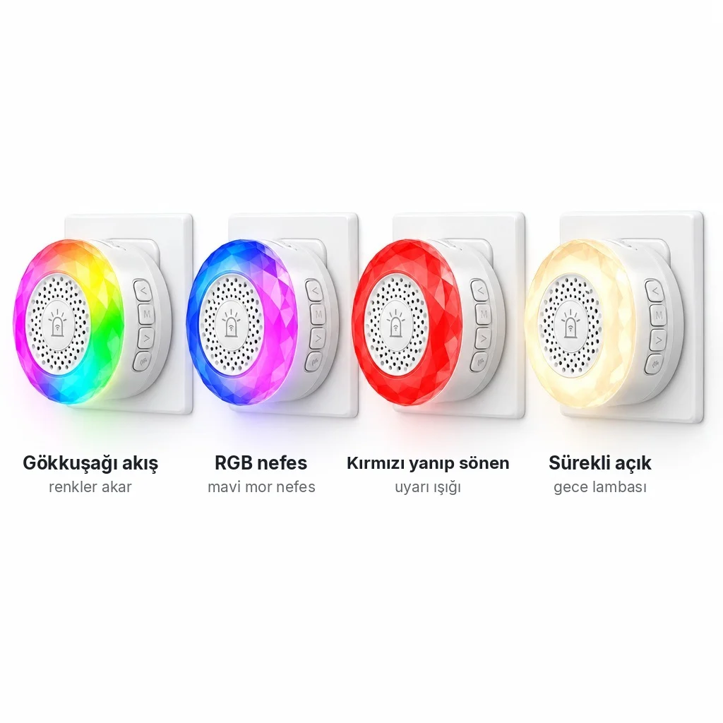Yan yana dört prize takılı akıllı siren, ışık halkaları gökkuşağı akış, RGB nefes, kırmızı ve sürekli açık beyaz modda