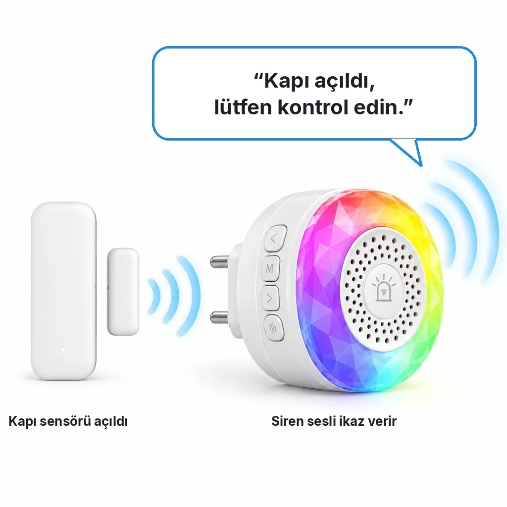 Kapı sensörü açıldığında akıllı sirenin "Kapı açıldı, lütfen kontrol edin" diye sesli ikaz verdiğini gösteren beyaz zeminli görsel