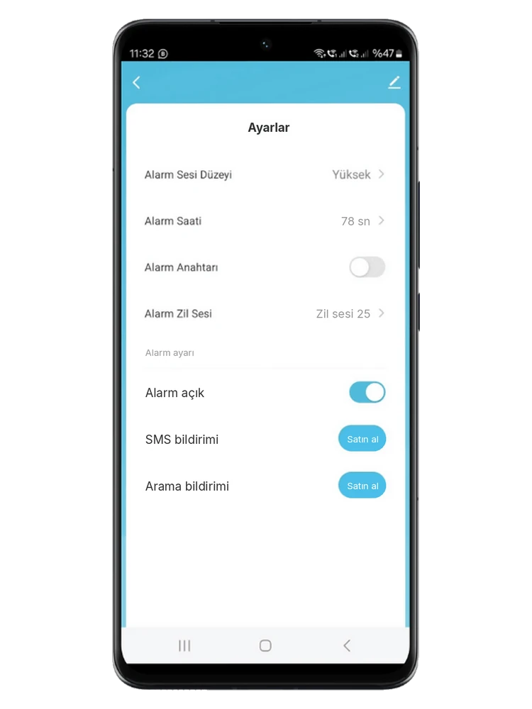 Smart Life uygulamasında siren ayarları: alarm sesi düzeyi yüksek, alarm süresi 78 saniye, alarm anahtarı, zil sesi 25, alarm açık, SMS ve arama bildirimi