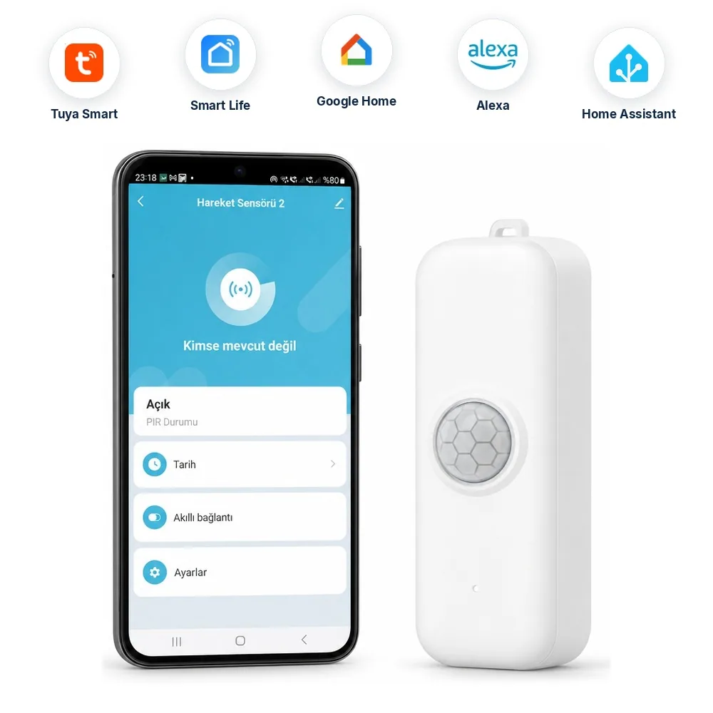 WHS-02 hareket sensörü, telefonda hareket bildirimi ve Tuya web paneli, Tuya Smart, Smart Life, Google Home, Alexa ve Home Assistant logoları