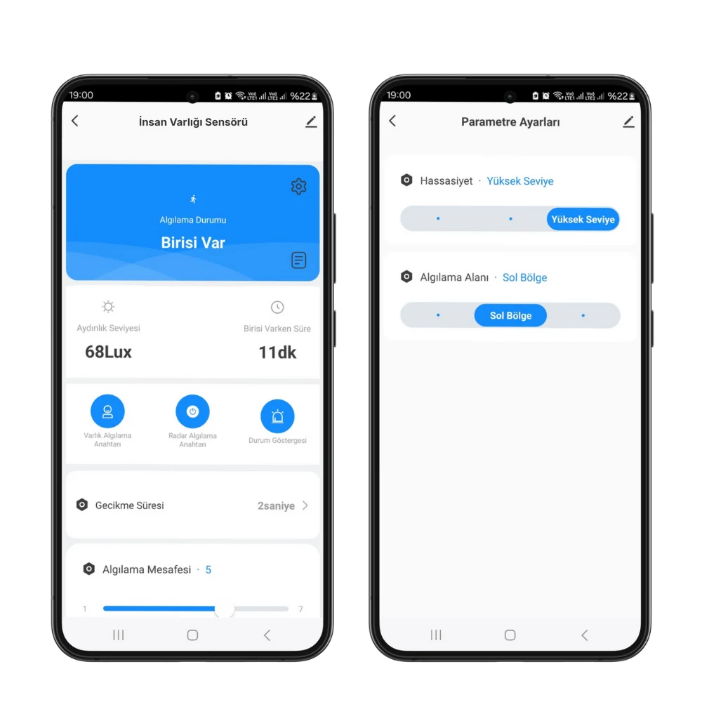 Smart Life uygulamasında insan varlığı sensörü ana ekranı ve parametre ayarları